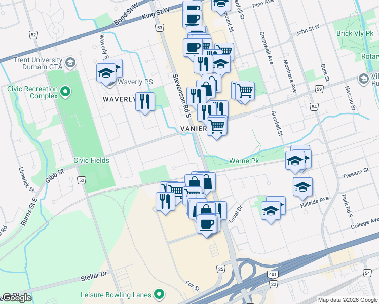 map of restaurants, bars, coffee shops, grocery stores, and more near 315 Durham Court in Oshawa