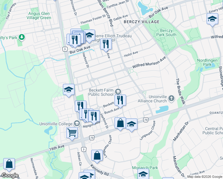 map of restaurants, bars, coffee shops, grocery stores, and more near 27 Hua Du Avenue in Markham