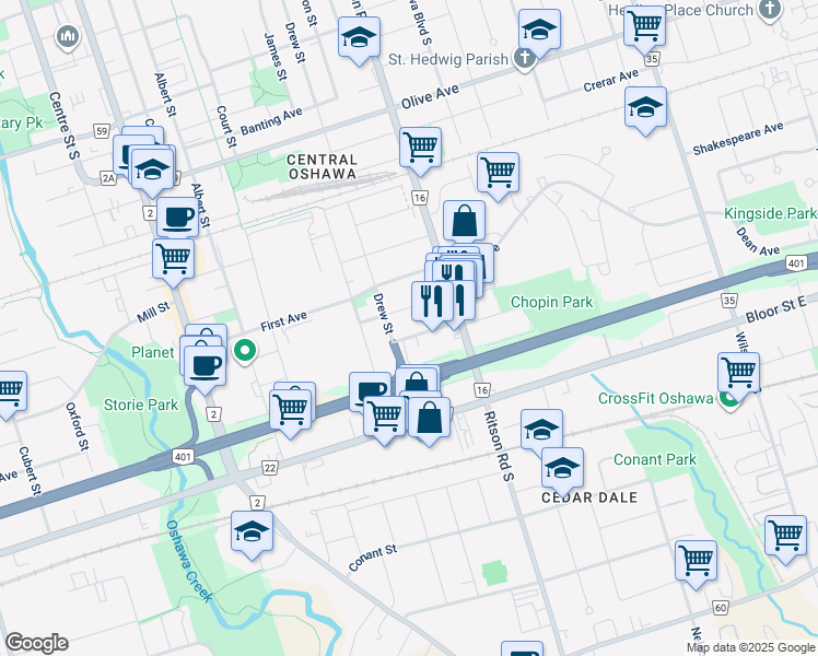 map of restaurants, bars, coffee shops, grocery stores, and more near in Oshawa