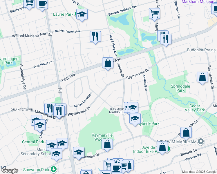 map of restaurants, bars, coffee shops, grocery stores, and more near in Markham
