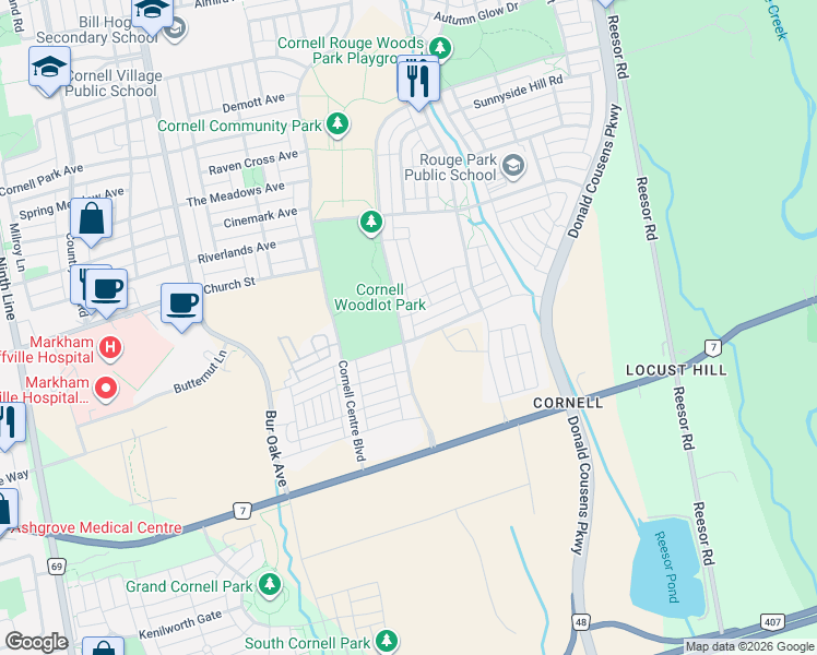 map of restaurants, bars, coffee shops, grocery stores, and more near 259 William Forster Road in Markham
