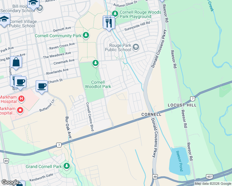 map of restaurants, bars, coffee shops, grocery stores, and more near 241 Rustle Woods Avenue in Markham
