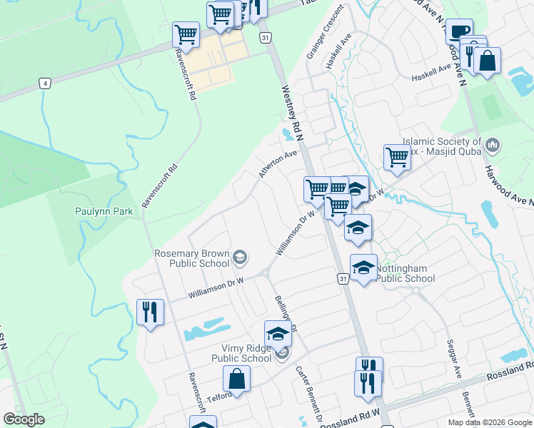 map of restaurants, bars, coffee shops, grocery stores, and more near 21 Hazeldine Drive in Ajax