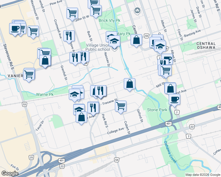 map of restaurants, bars, coffee shops, grocery stores, and more near 207 Sinclair Avenue in Oshawa