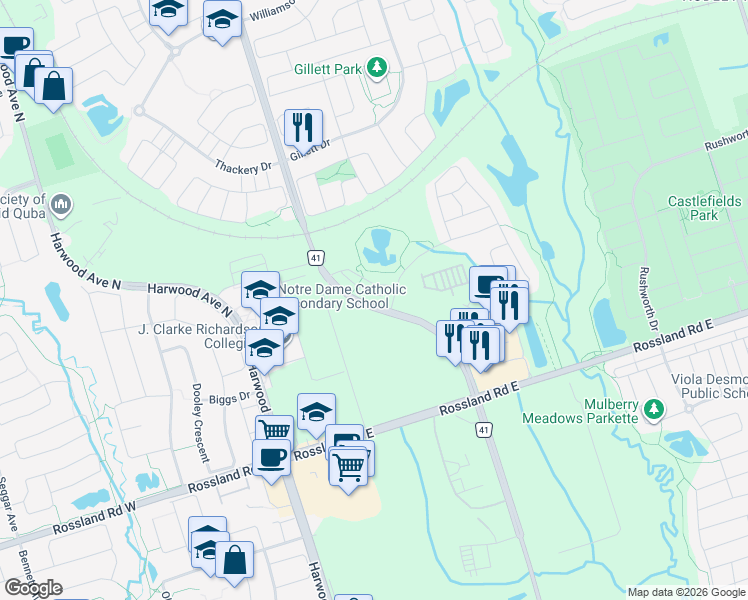 map of restaurants, bars, coffee shops, grocery stores, and more near 1369 Salem Road North in Ajax