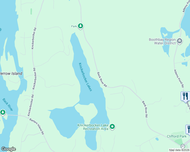 map of restaurants, bars, coffee shops, grocery stores, and more near 212 Back River Road in Boothbay