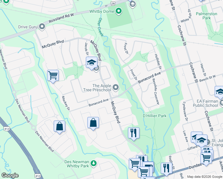 map of restaurants, bars, coffee shops, grocery stores, and more near 20 Threadgold Court in Whitby