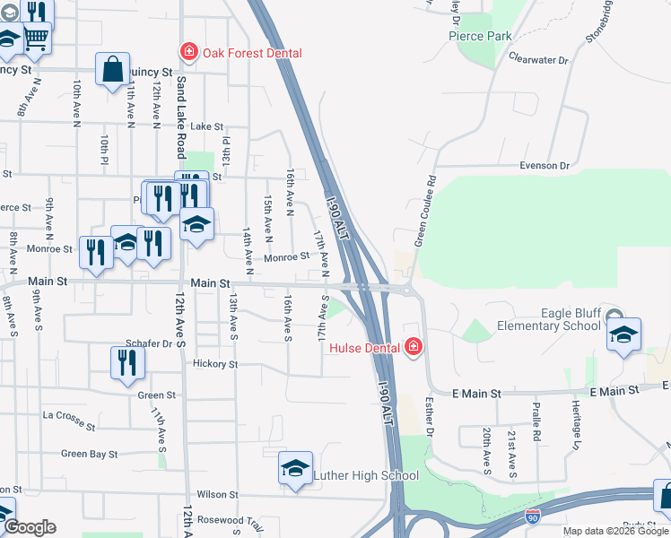 map of restaurants, bars, coffee shops, grocery stores, and more near 136 17th Avenue North in Onalaska
