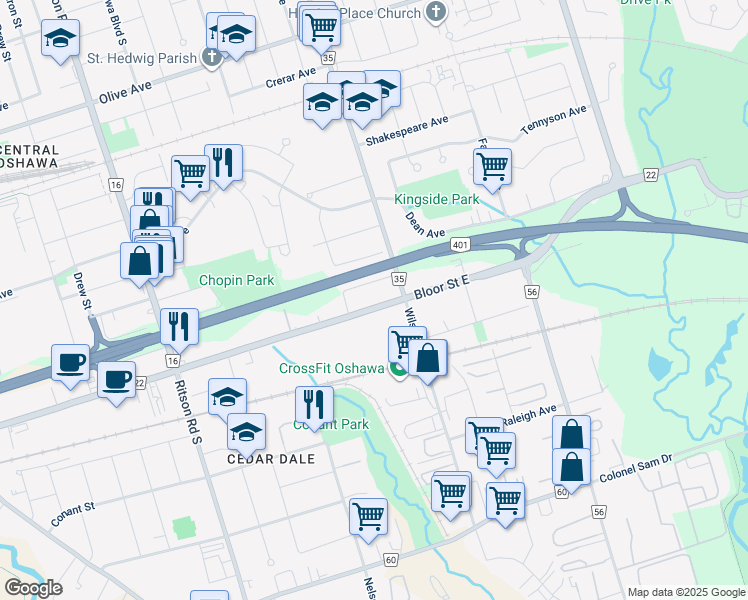 map of restaurants, bars, coffee shops, grocery stores, and more near 525 Ortono Avenue in Oshawa