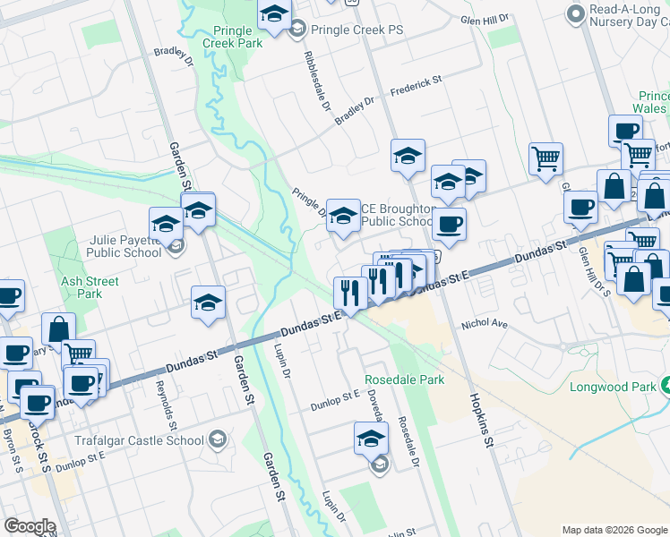map of restaurants, bars, coffee shops, grocery stores, and more near 1050 Elton Way in Whitby