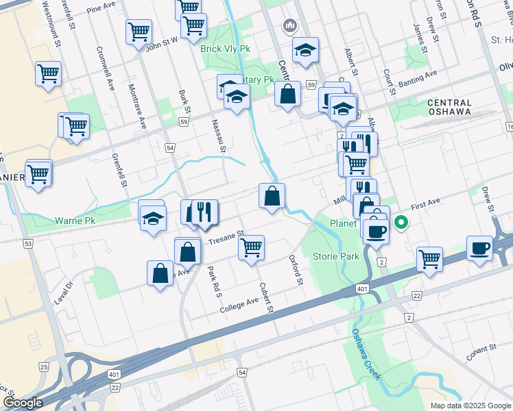 map of restaurants, bars, coffee shops, grocery stores, and more near 162 Hibbert Avenue in Oshawa