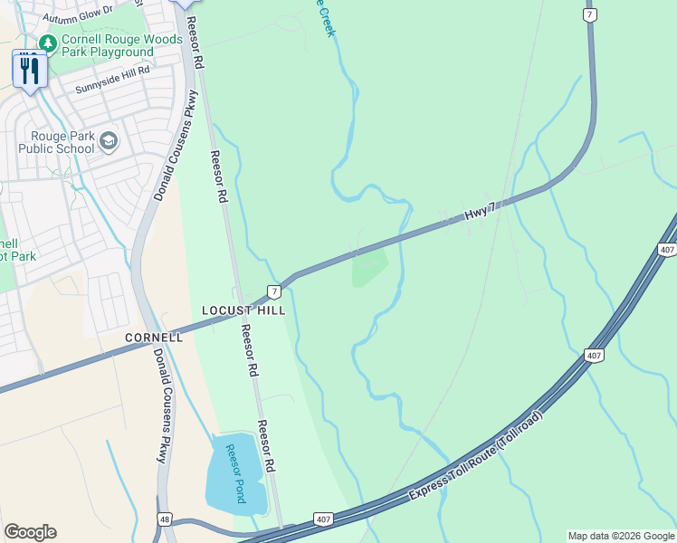 map of restaurants, bars, coffee shops, grocery stores, and more near 7635 Highway 7 in Markham