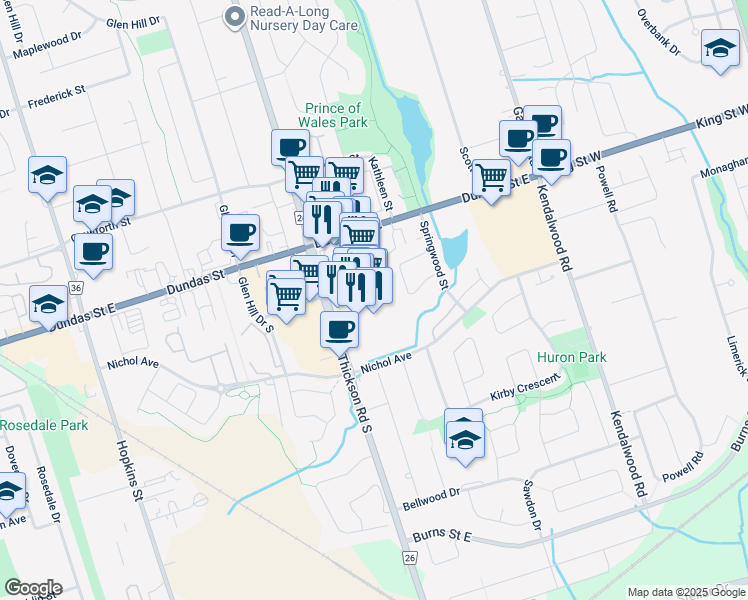 map of restaurants, bars, coffee shops, grocery stores, and more near 1615 Dundas Street East in Whitby