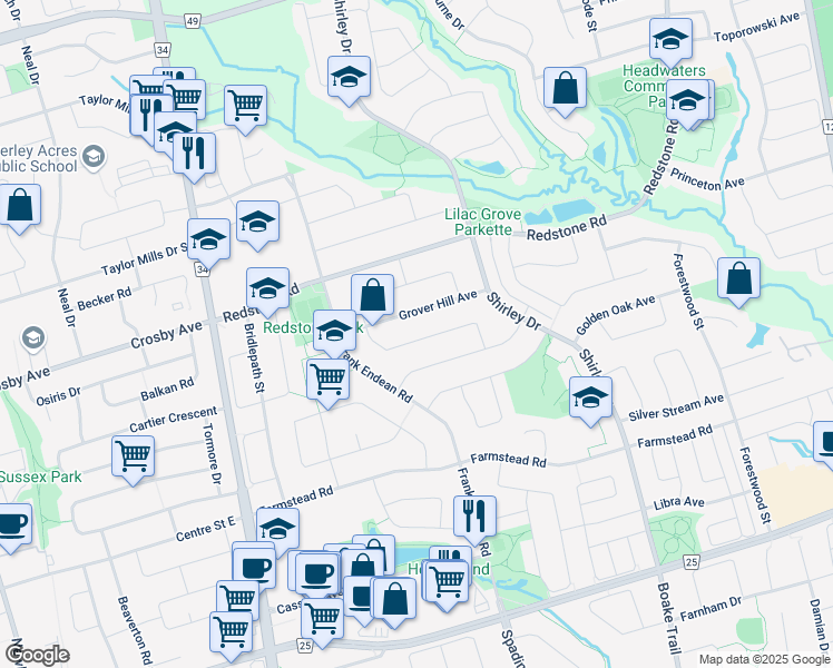 map of restaurants, bars, coffee shops, grocery stores, and more near 44 Formosa Drive in Richmond Hill