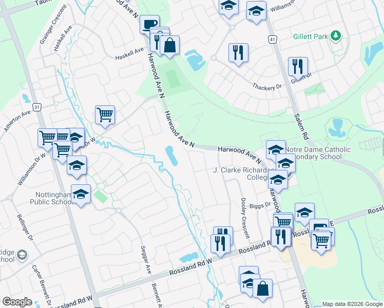 map of restaurants, bars, coffee shops, grocery stores, and more near 68 Root Crescent in Ajax