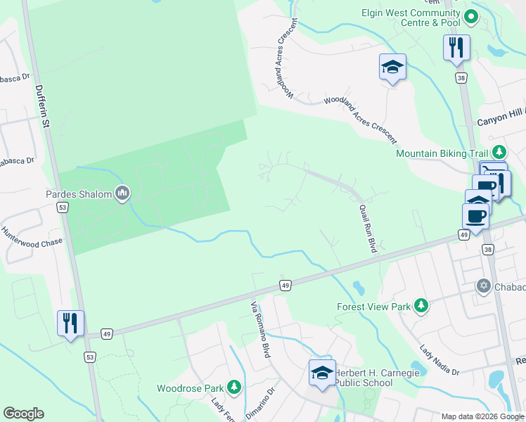 map of restaurants, bars, coffee shops, grocery stores, and more near 24 Dew Drop Court in Vaughan