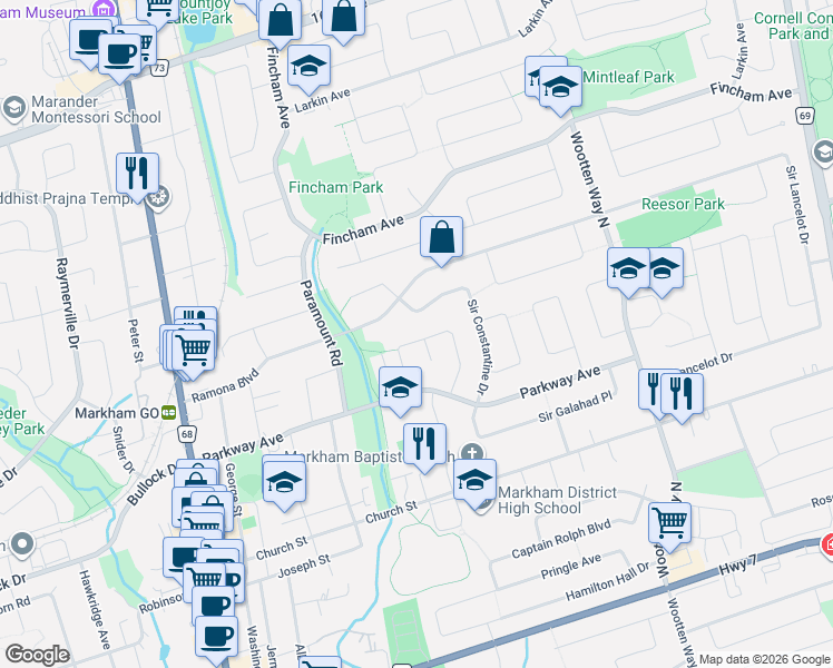 map of restaurants, bars, coffee shops, grocery stores, and more near 26 Sir Bedevere Place in Markham
