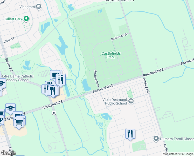 map of restaurants, bars, coffee shops, grocery stores, and more near 23 Rushworth Drive in Ajax
