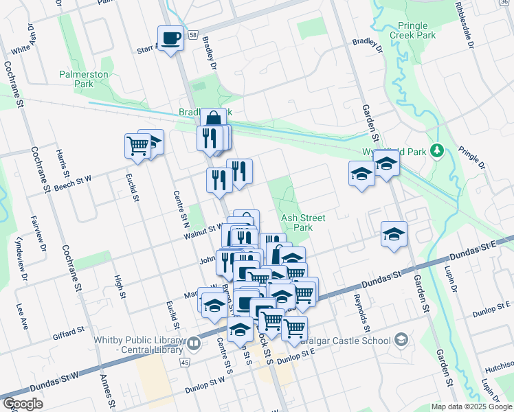 map of restaurants, bars, coffee shops, grocery stores, and more near 413 Perry Street in Whitby