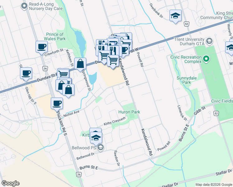 map of restaurants, bars, coffee shops, grocery stores, and more near 147 Kirby Crescent in Whitby