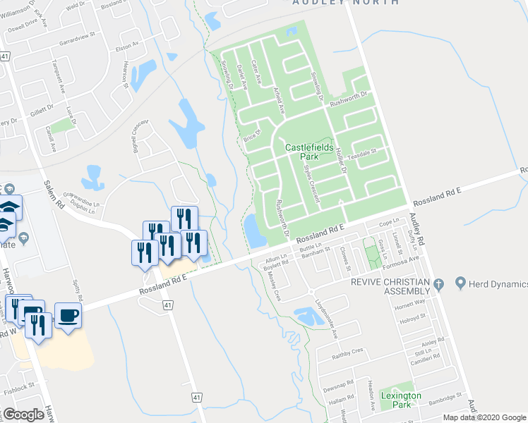 map of restaurants, bars, coffee shops, grocery stores, and more near Carberry Crescent in Ajax