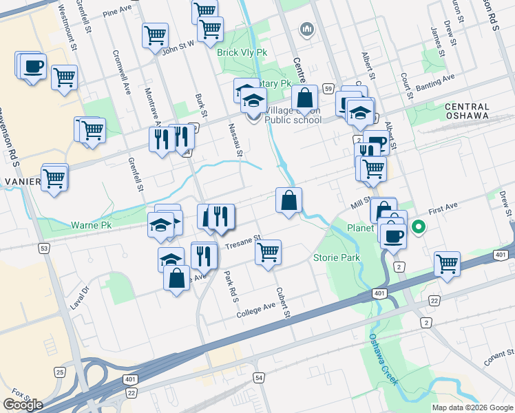 map of restaurants, bars, coffee shops, grocery stores, and more near 185 Sinclair Avenue in Oshawa