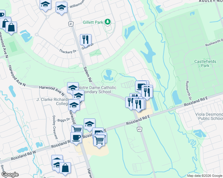 map of restaurants, bars, coffee shops, grocery stores, and more near 14 Harper-Hill Drive in Ajax