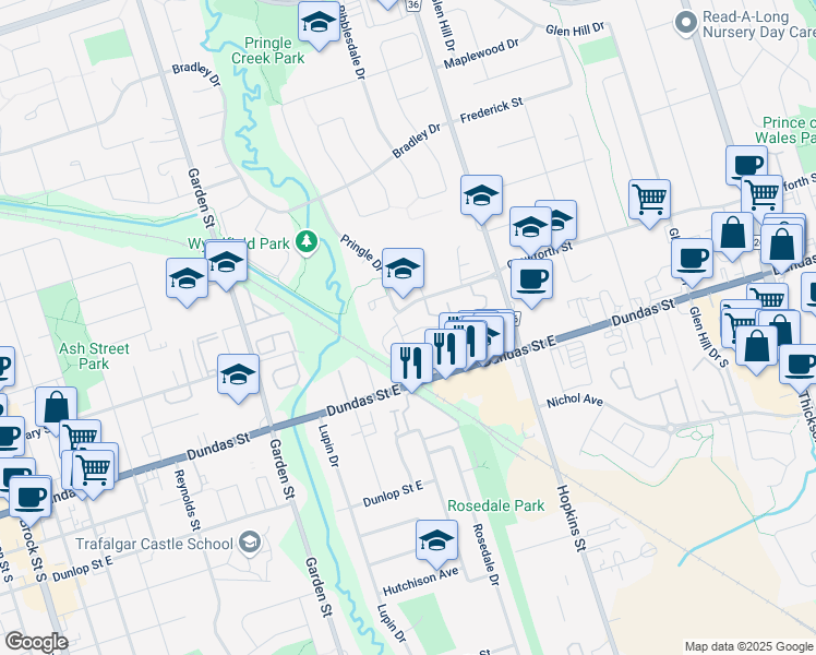 map of restaurants, bars, coffee shops, grocery stores, and more near 1050 Elton Way in Whitby
