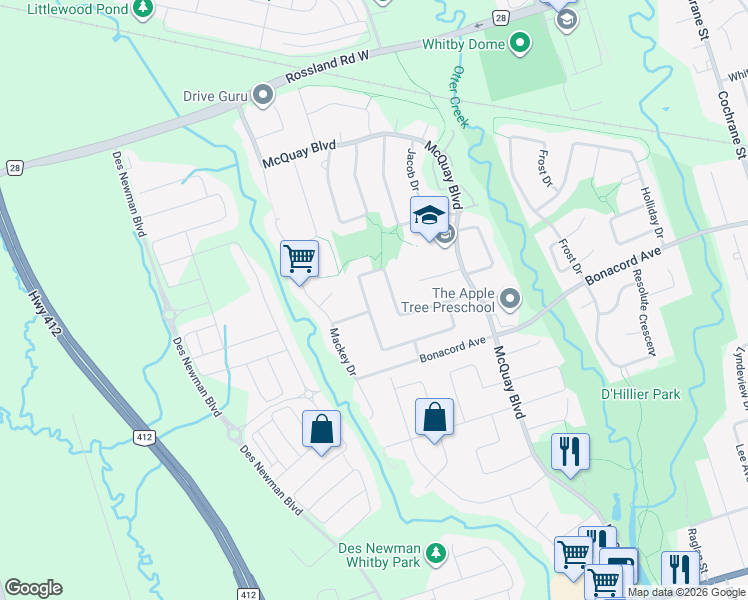 map of restaurants, bars, coffee shops, grocery stores, and more near 84 Guthrie Crescent in Whitby