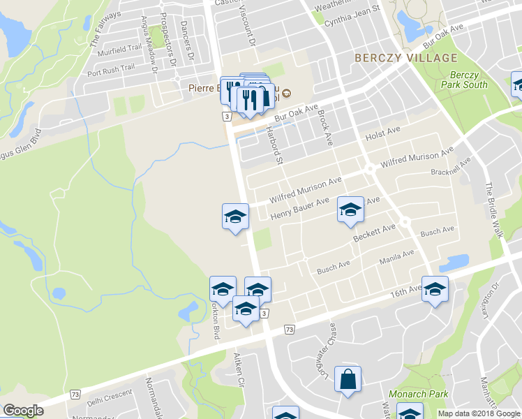 map of restaurants, bars, coffee shops, grocery stores, and more near 5 Henry Bauer Avenue in Markham