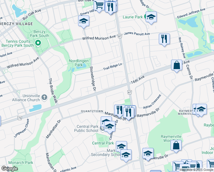 map of restaurants, bars, coffee shops, grocery stores, and more near 11 Brooksmill Lane in Markham