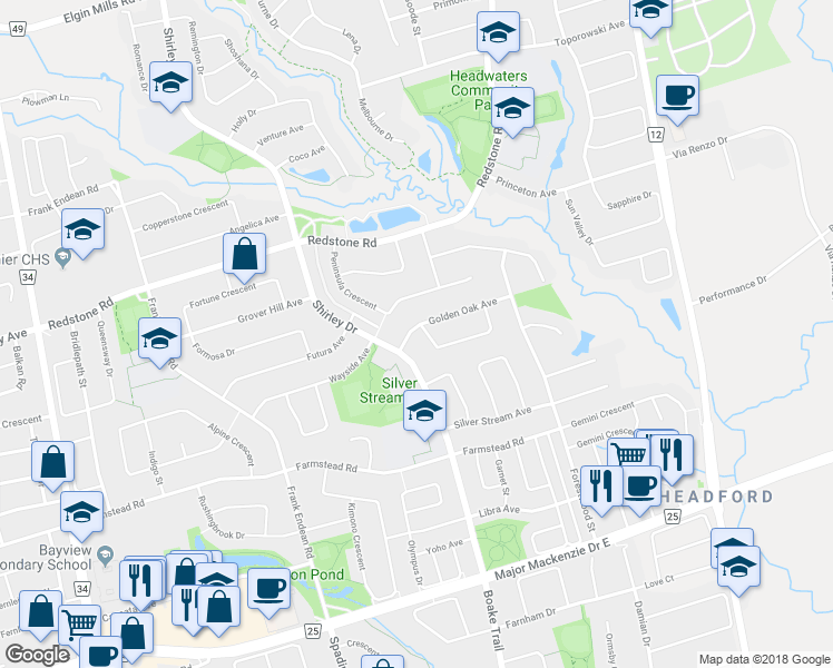 map of restaurants, bars, coffee shops, grocery stores, and more near 1 Royal Gala Crescent in Richmond Hill