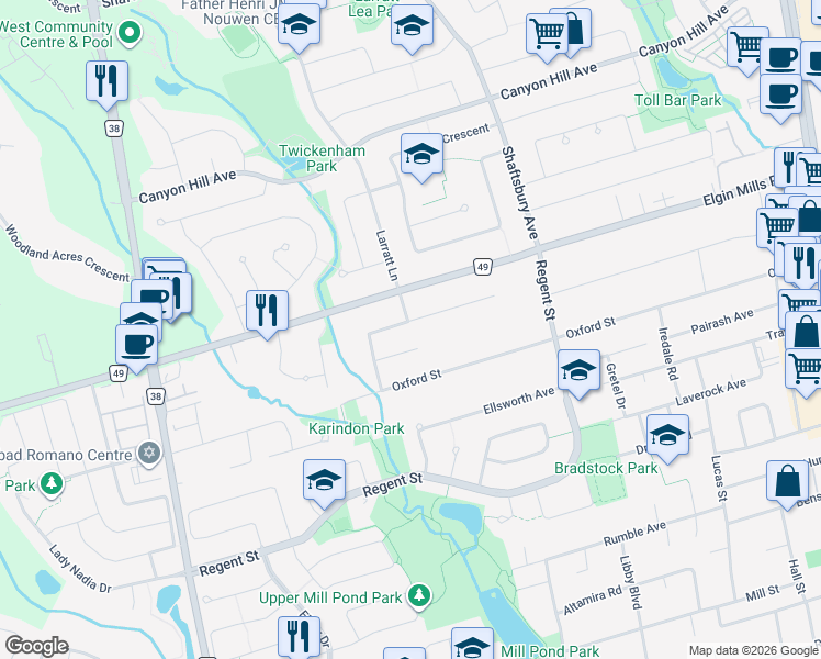 map of restaurants, bars, coffee shops, grocery stores, and more near 45 Marbrook Street in Richmond Hill