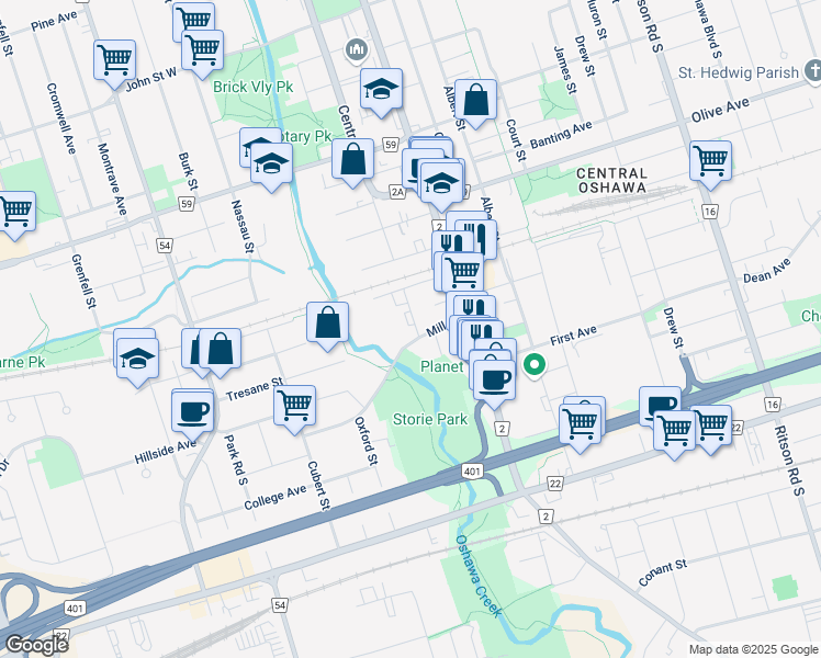 map of restaurants, bars, coffee shops, grocery stores, and more near 440 Centre Street South in Oshawa
