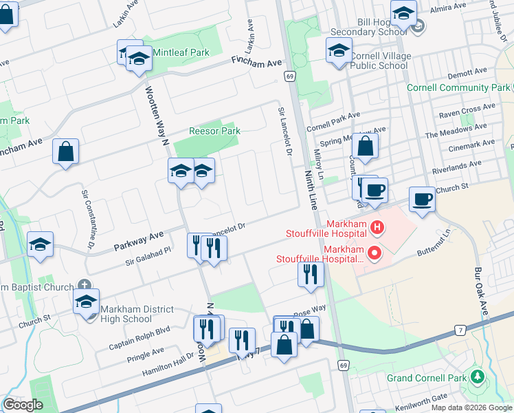 map of restaurants, bars, coffee shops, grocery stores, and more near 4 Sir Brandiles Place in Markham