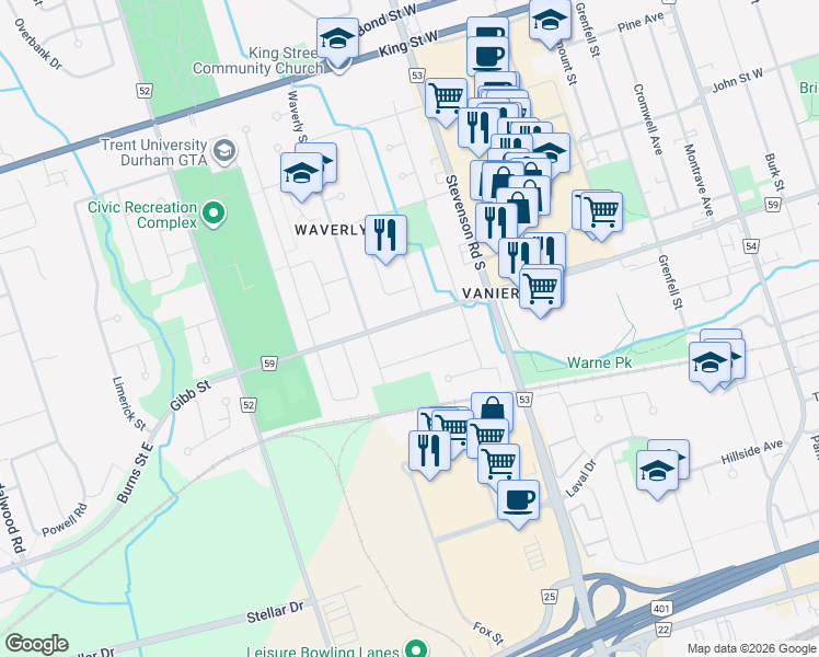 map of restaurants, bars, coffee shops, grocery stores, and more near 629 Gibb Street in Oshawa