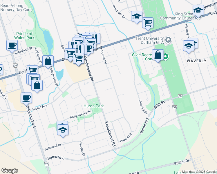 map of restaurants, bars, coffee shops, grocery stores, and more near 10 Otto Court in Whitby