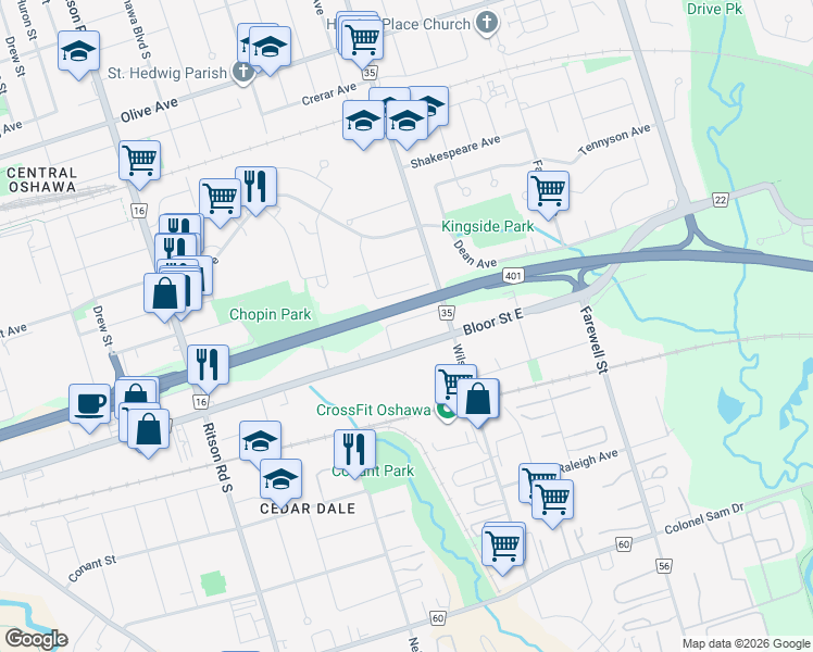 map of restaurants, bars, coffee shops, grocery stores, and more near 486 Sterling Avenue in Oshawa