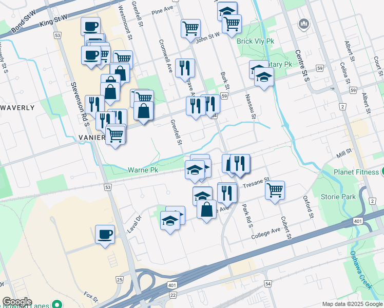map of restaurants, bars, coffee shops, grocery stores, and more near 475 Grenfell Street in Oshawa