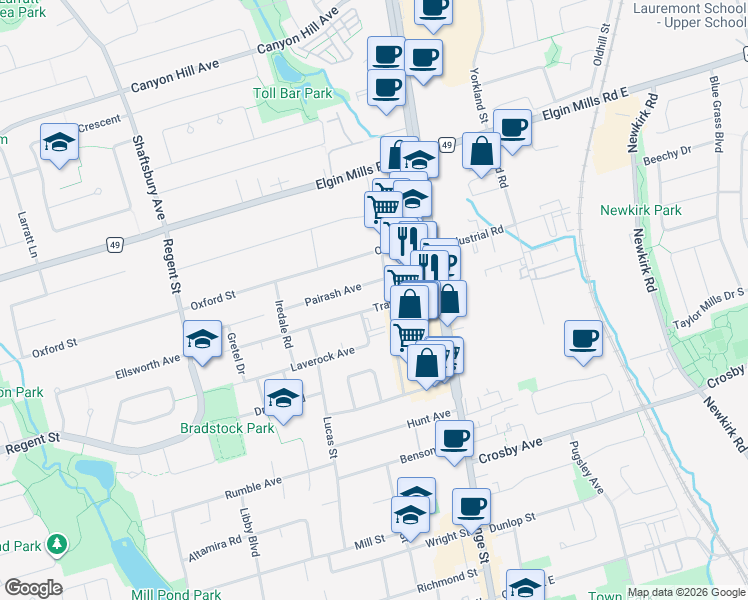 map of restaurants, bars, coffee shops, grocery stores, and more near 55 Trayborn Drive in Richmond Hill