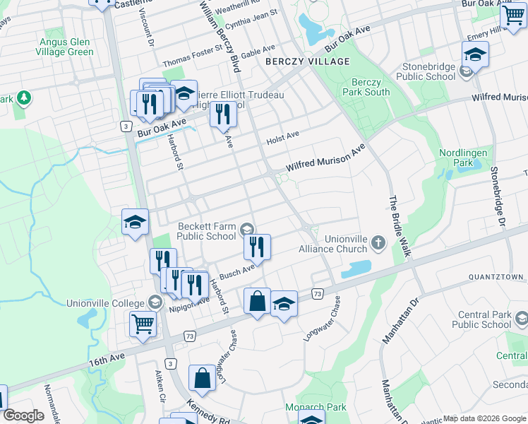 map of restaurants, bars, coffee shops, grocery stores, and more near 47 Hua Du Avenue in Markham