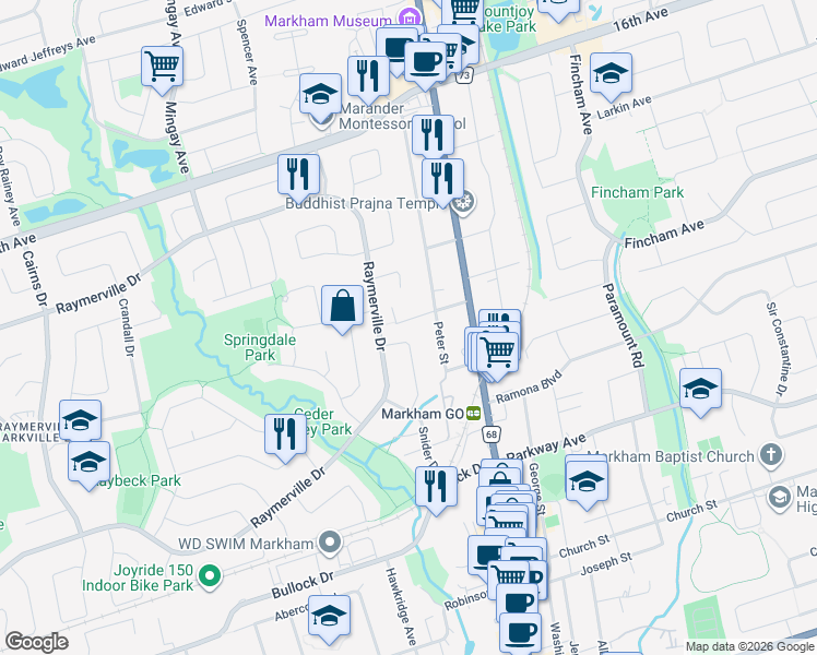 map of restaurants, bars, coffee shops, grocery stores, and more near 16 Springdale Street in Markham