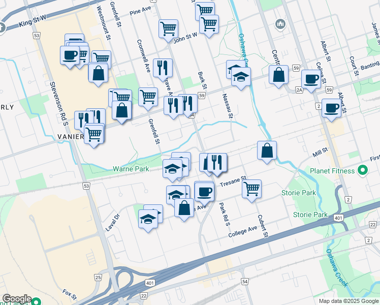 map of restaurants, bars, coffee shops, grocery stores, and more near 526 Grenfell Street in Oshawa