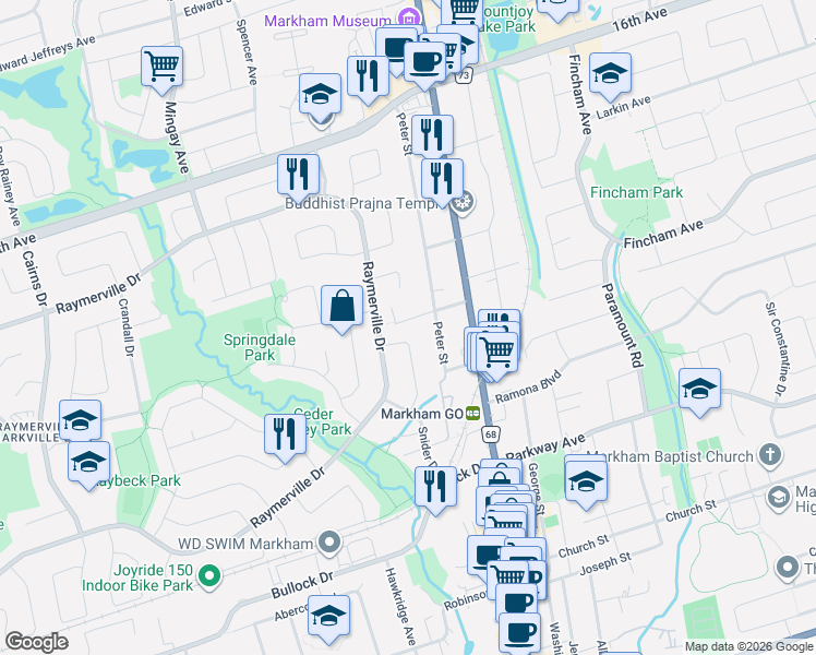 map of restaurants, bars, coffee shops, grocery stores, and more near 25 Springdale Street in Markham
