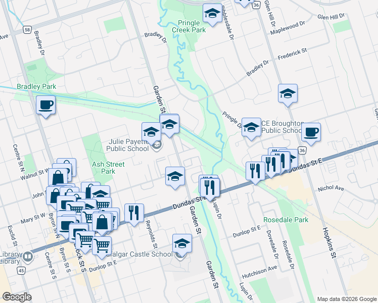 map of restaurants, bars, coffee shops, grocery stores, and more near 309 Garden Street in Whitby
