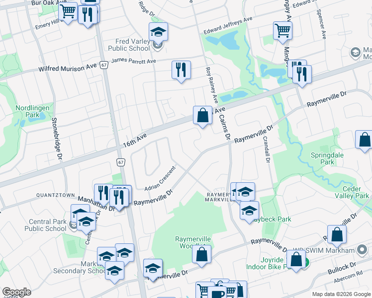 map of restaurants, bars, coffee shops, grocery stores, and more near 19 Michener Crescent in Markham