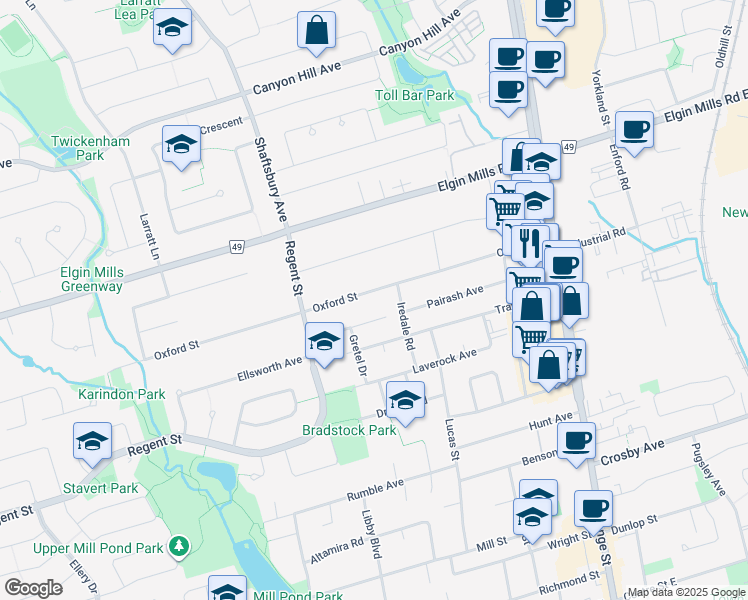 map of restaurants, bars, coffee shops, grocery stores, and more near 85 Oxford Street in Richmond Hill