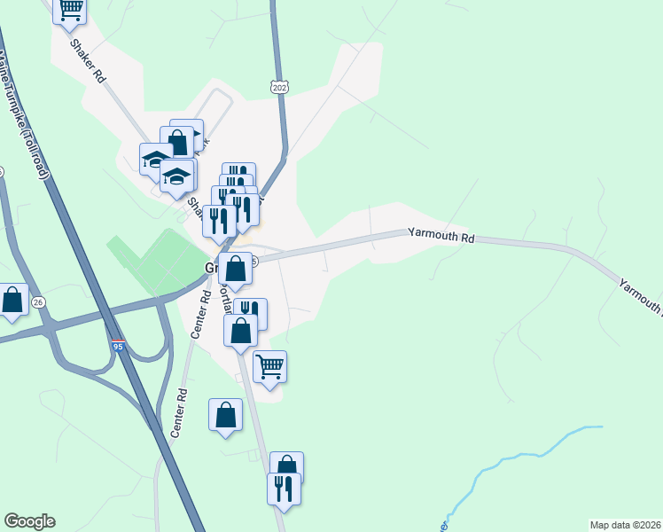 map of restaurants, bars, coffee shops, grocery stores, and more near 26 Yarmouth Road in Gray
