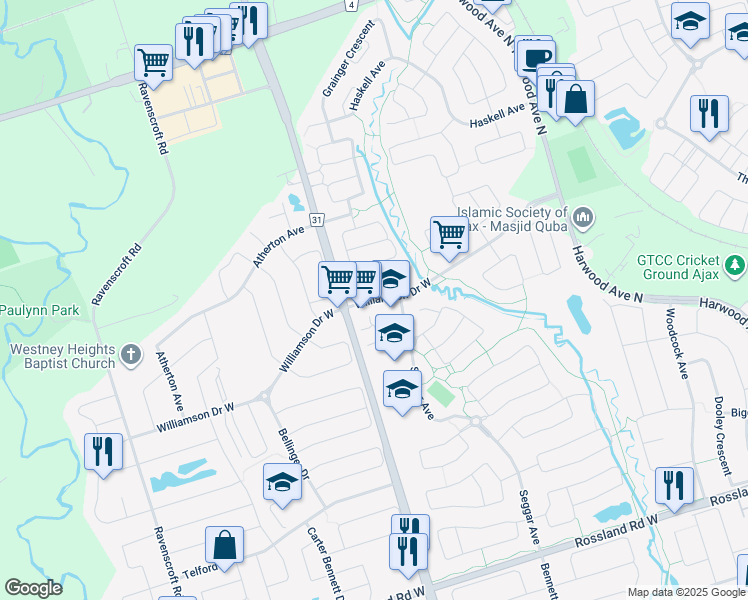 map of restaurants, bars, coffee shops, grocery stores, and more near Williamson Drive in Ajax