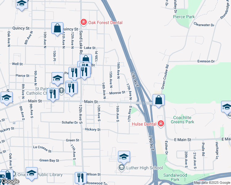 map of restaurants, bars, coffee shops, grocery stores, and more near 209 16th Avenue North in Onalaska
